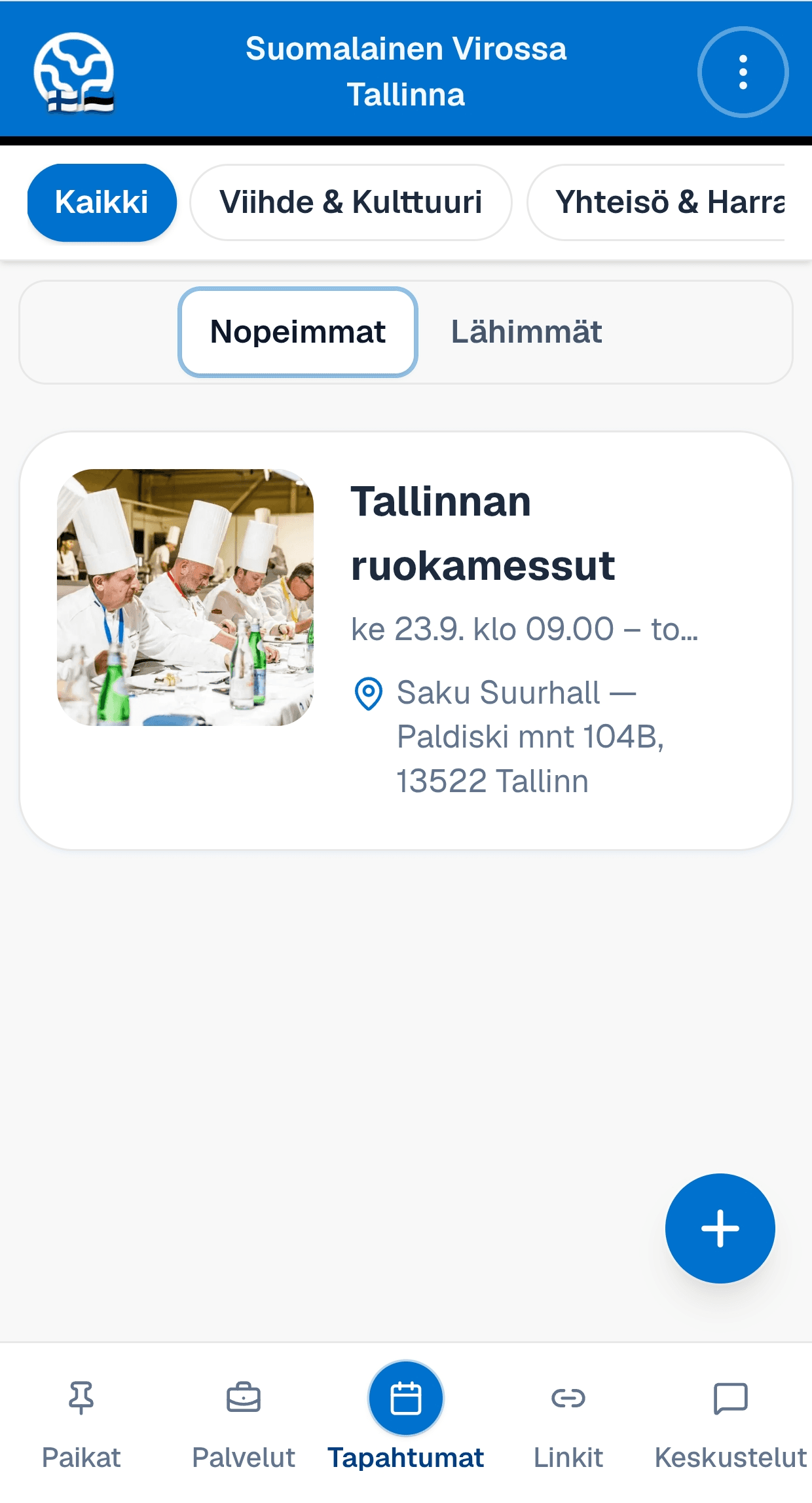 Tapahtumat-näkymä sovelluksessa